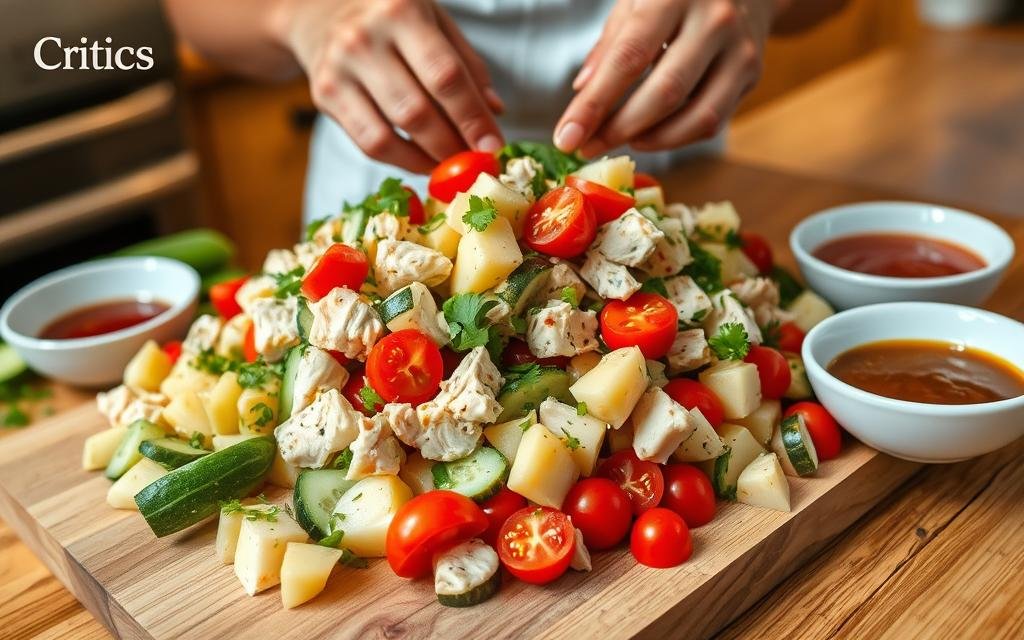 Assembling Potato Chicken Salad